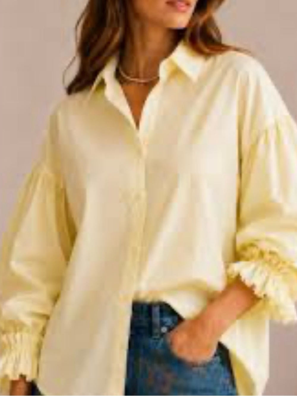 easel Pale Yellow Button-Down Blouse with Ruffled Cuffs
